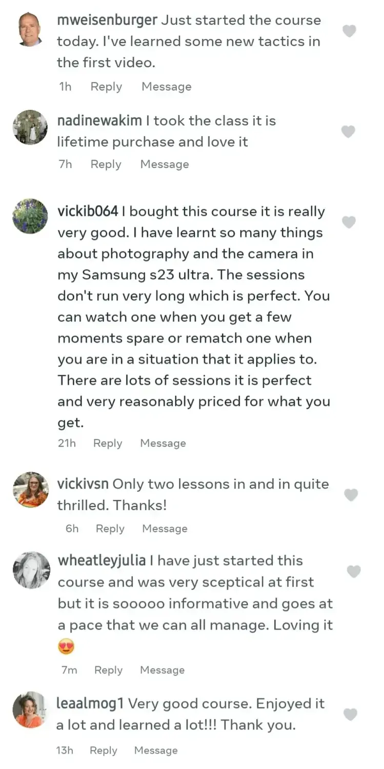Instagram comments reviewing Samsung Photography Academy